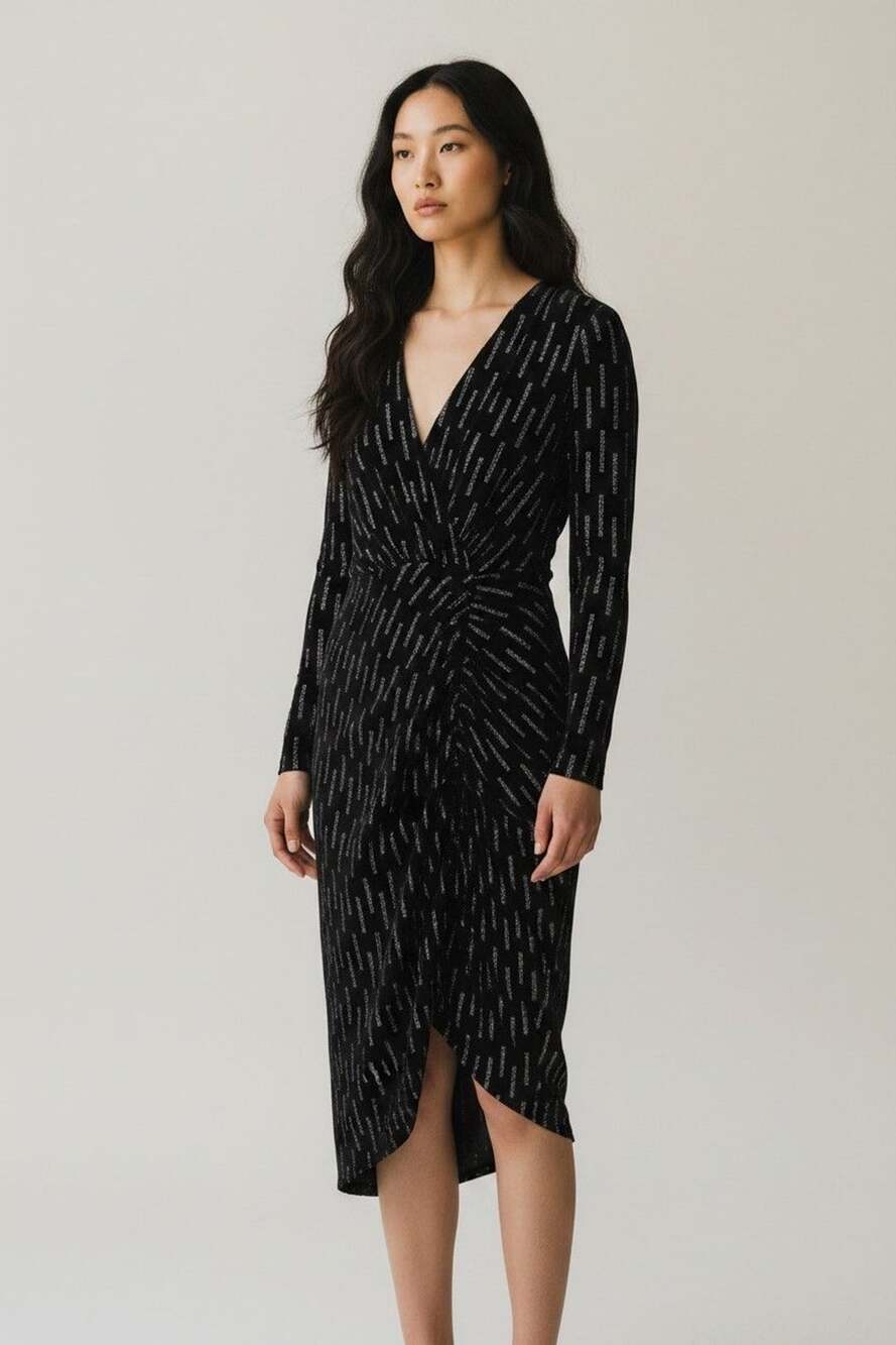 Express Black Silver Metallic Long Sleeve Ruched Asymmetrical Midi Dress Sz. S